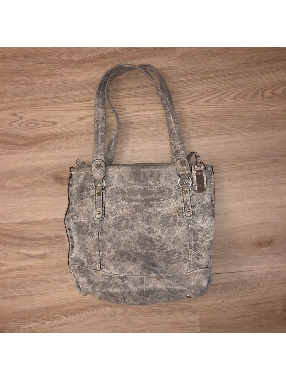 B MAKOWSKY LEATHER SUEDE FLORAL CHEETAH PRINT SHOULDER HAND BAG PURSE TAN GRAY